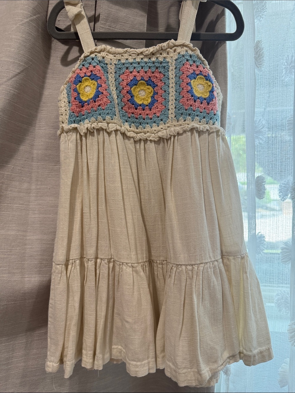Haute Hippie Cream Tiered Skirt with Colorful Crochet Bodice